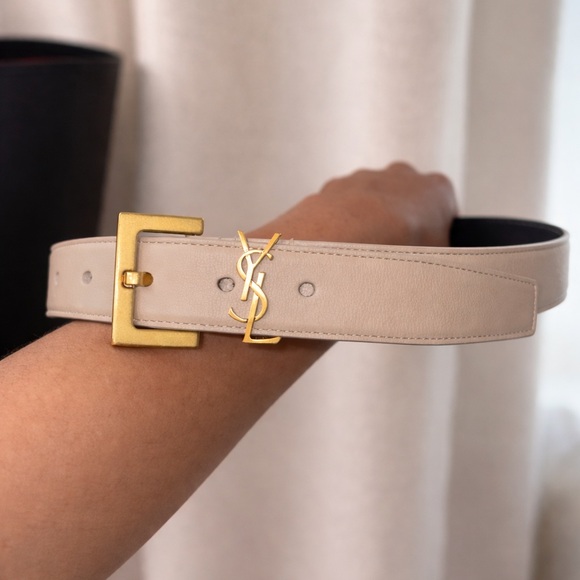 Yves Saint Laurent Accessories - Saint Laurent YSL Cassandre Square Buckle Belt Beige Calfskin Italy — AUTHENTIC
